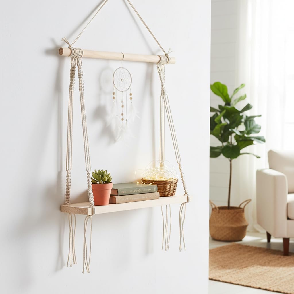Decazone ® Macramé Wall Hanging Shelf Pine Wood Floating Shelve with Wooden Dowel Modern Chic Woven Décor for Dorm Living Room Nursery Beige 55 x 43cm